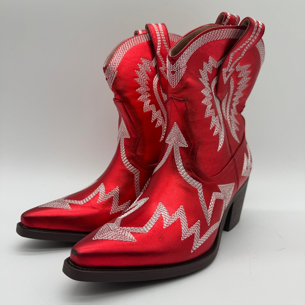 Hochfart Metallic Red Western Cowboy Boots Pointed Toe Block Heel Size 6